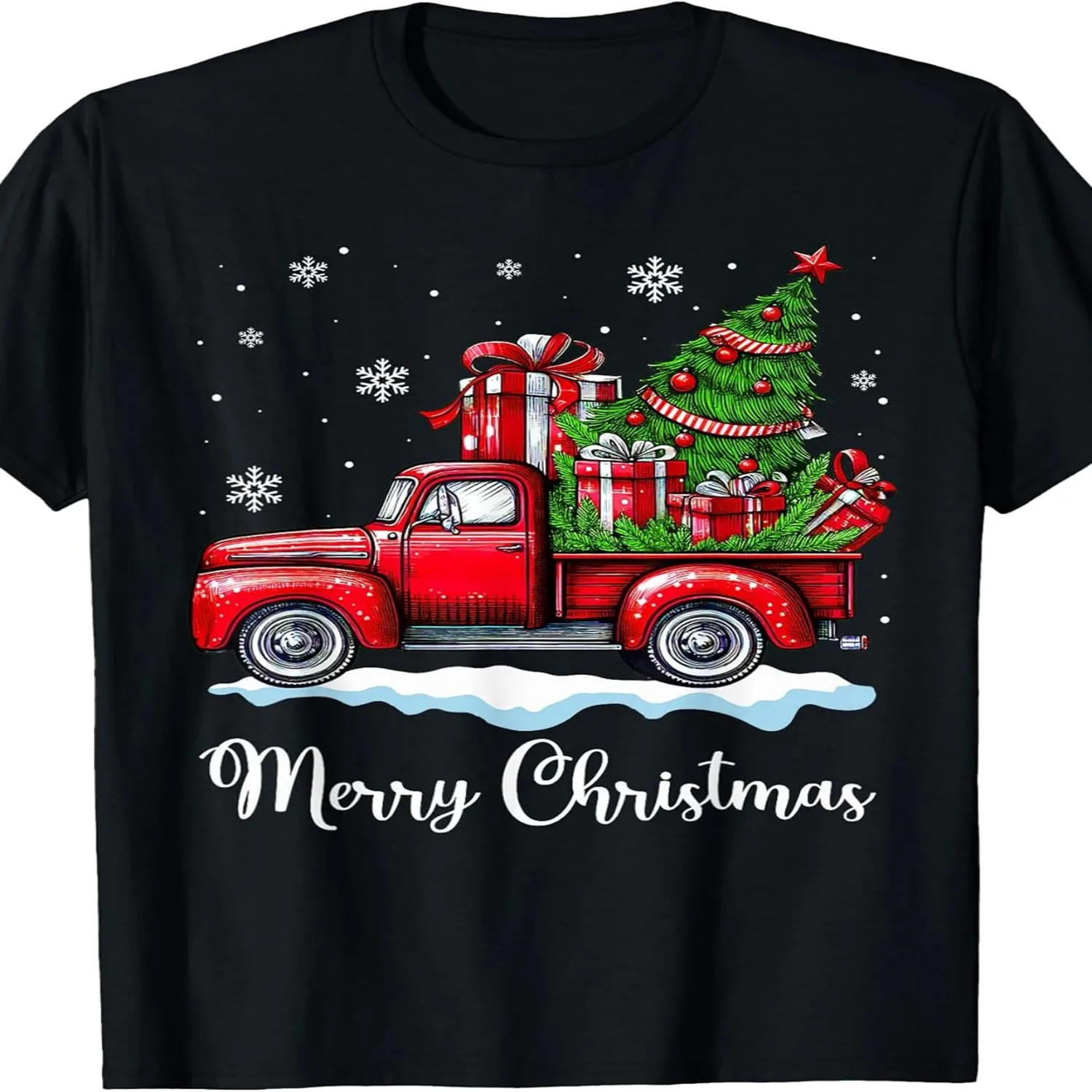 Vintage Merry Christmas Red Truck Funny Xmas Tree Boys Men T-Shirt jpgSame style for men and women 2025 summer short-sleeved printed T-shirt pure 220G lightweight tshirt, unisex t-shirt