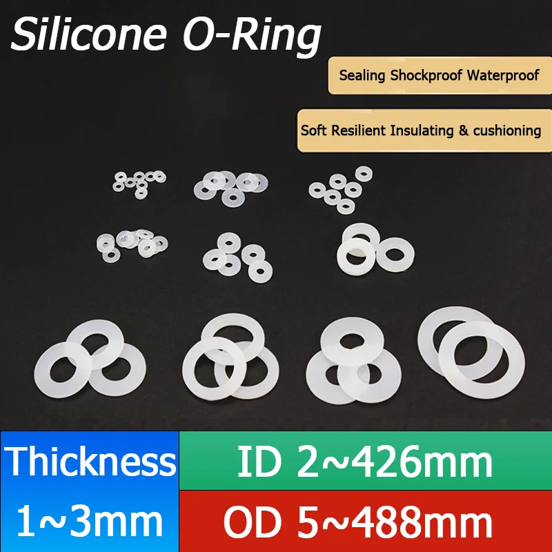

1-50pcs Flat Gasket 1~3mm Thickness ID 4-426mm White Silicone Rubber Flat Washer Flange Silicone Sealing O-ring Gasket DN15-400