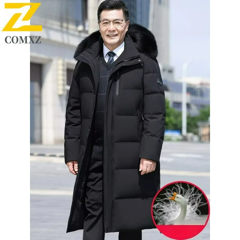 

COMXZ Korean Style Down Jacket 2025 Mens Long Winter Wear Detachable Fur Hood Coats White Duck Down Lightweight Parka Coat