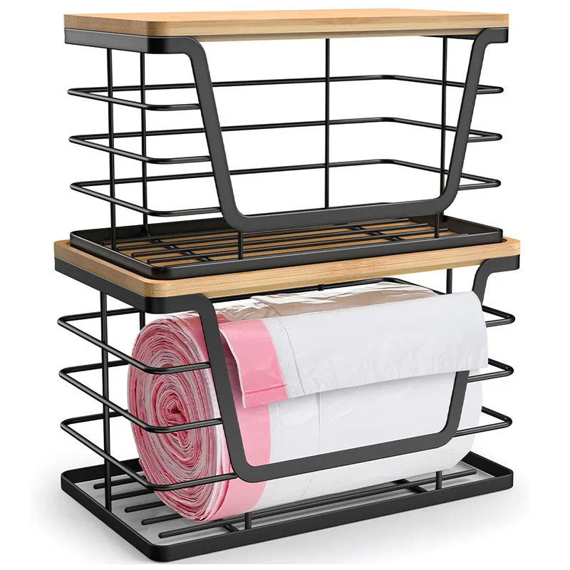 

Kitchen Storage Basket - Multi-Purpose Fruit & Spice Organizer Rack, Waste Bag Holder with Hooks for Home Organization