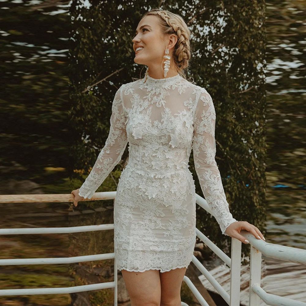 20147 #   Boho maniche lunghe collo alto mini abito da sposa in pizzo per la sposa donna abito da sposa senza schienale con strascico staccabile personalizzato