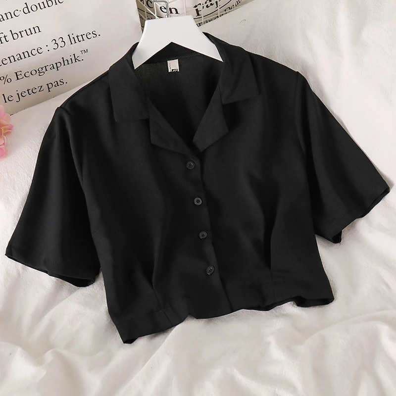 Blusa chiffon de manga curta para mulheres, camisa solta e casual com botão, simples e fashion, street style, 2021