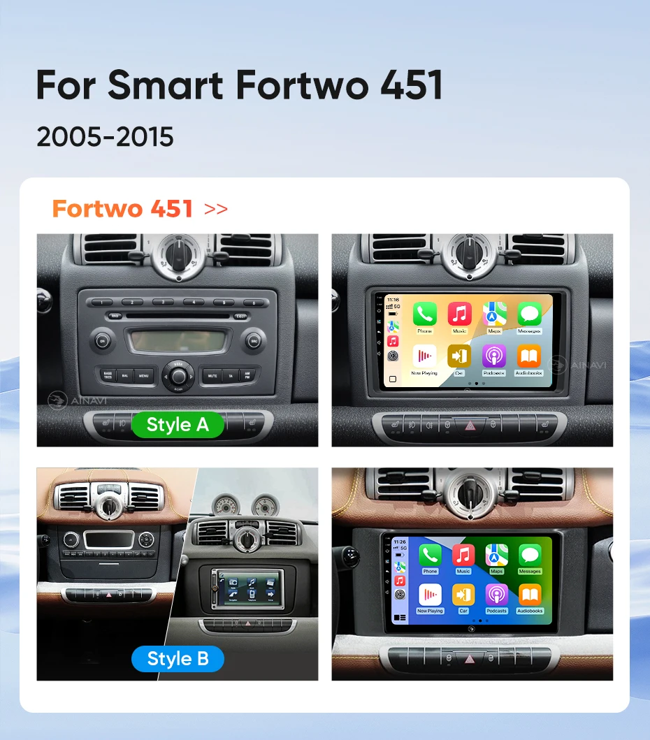 Ainavi Android Autoradio für Mercedes Benz Smart Fortwo 451 2005-2015, kabelloses Carplay, Android Auto, 4G Auto-Multimedia-Player, GPS-Navigation, SWC, BT5.0, HD IPS, HDMI-Ausgang, MP5, FM, AM, RDS, Gyroskop, 2 DIN Autoradio – Detail 4