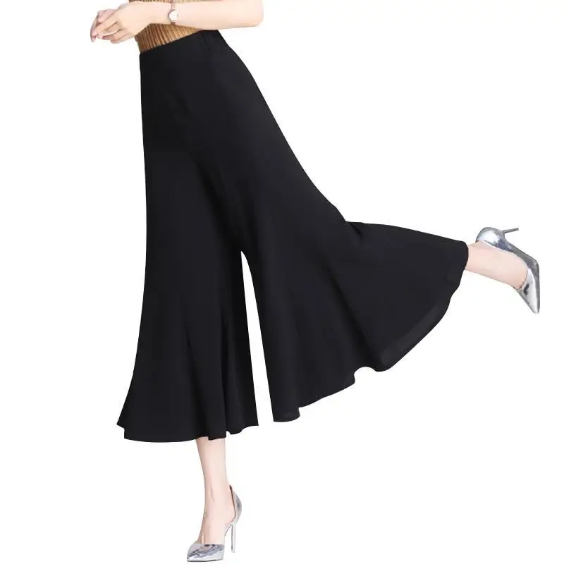 Summer New Simplicity Solid Color Elastic Waist Fish Tail Capris Femme Versatile Fashionable High Waist Loose flared pants Z418