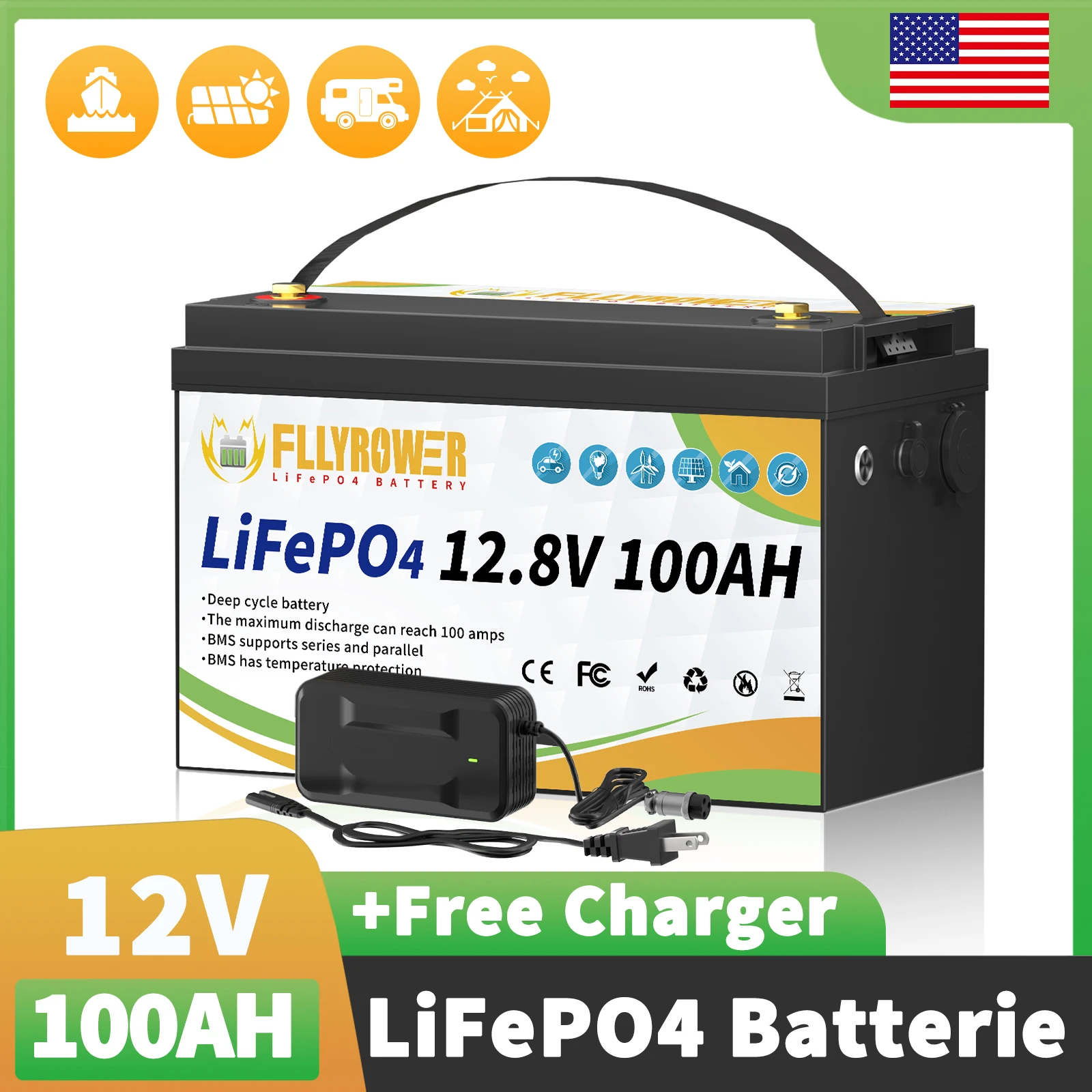 FLLYROWER 12V 100Ah LiFePo4 Battery Pack With Charger For 100A BMS For RV Boat Motor Inverter Solar Powerlar Wind Charger Lithium Battery