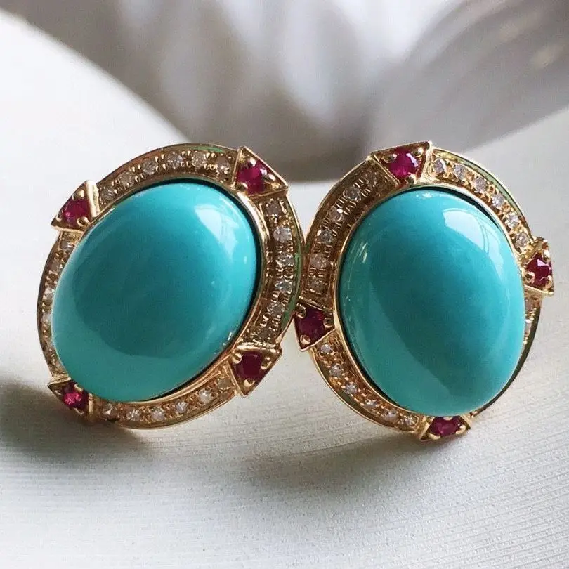 

14k Gold Filled Oval Shape Turquoise Ruby Ear Stud Big Carat Gemstone Simple Earrings Silver Turquoise Fine Jewelry Customized