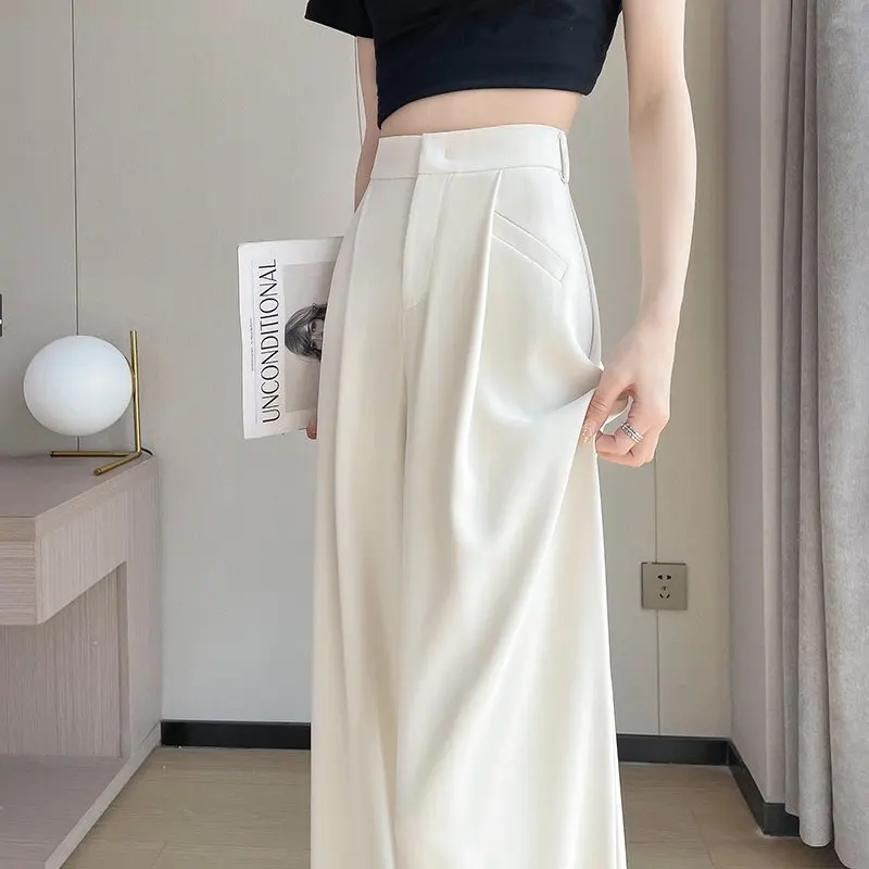 

2025 Summer Ice Silk Suit Pants High Waist Narrow Edition Wide Leg Pants Straight Tube Thin Casual Floor Pants for Women