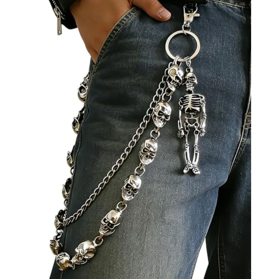 Pants Jean Chain Belt: Heavy Wallet Pocket Chain, Cool Streetwear Goth Punk Grunge Skeleton emo Rockstar Pirate Accessories - S