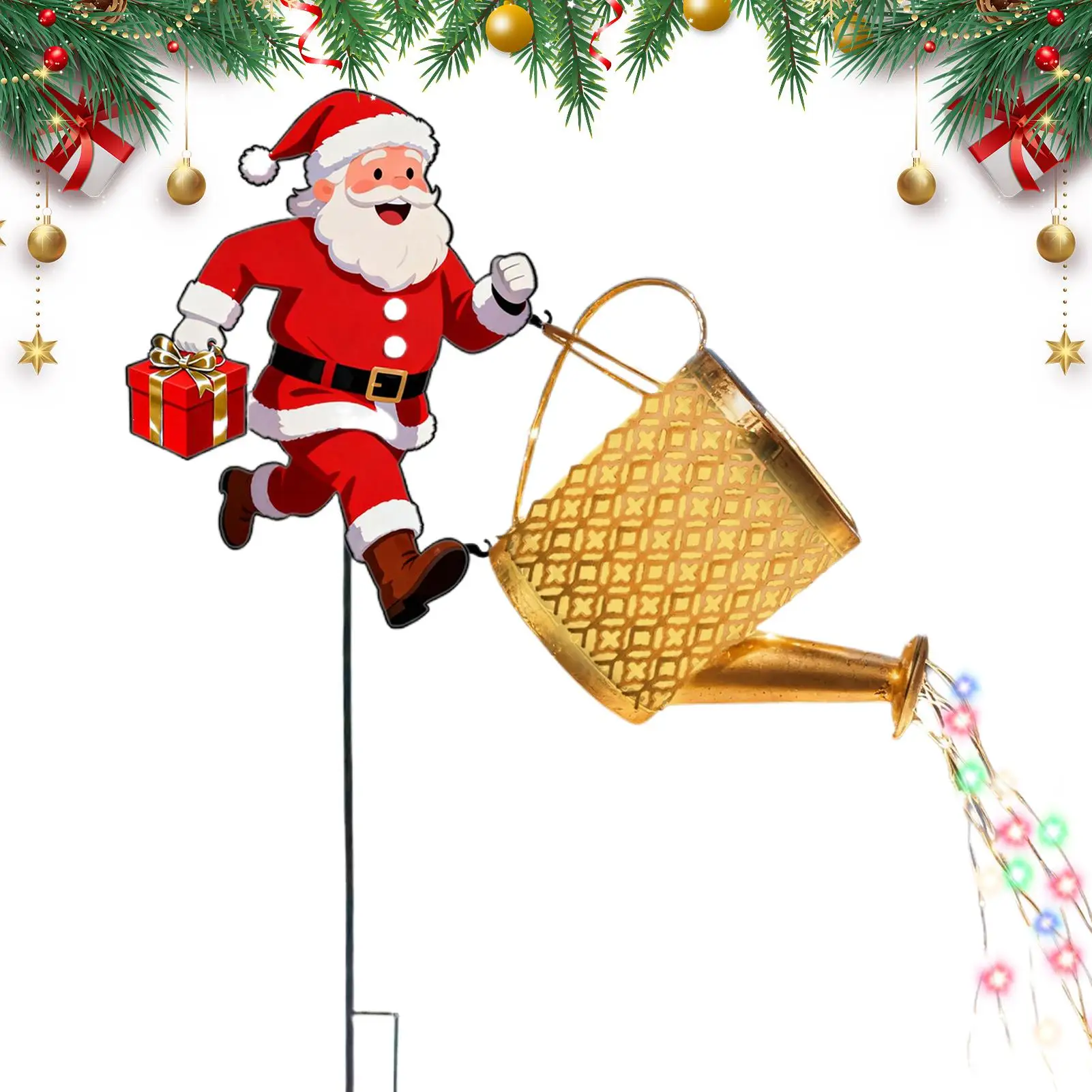 Santa Claus Watering Can Lights Retro Santa Decoration Waterproof Metal Stake Solar-Powered Christmas Ground Lamp For Garden