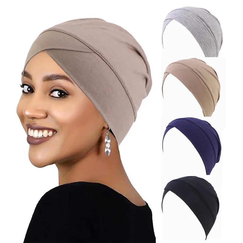 

1PCS Women Modal Cotton Cross Turban Muslim Headwrap Soft Beanie Inner Underscraf Hat Headcover Hijabs Lady Chemo Cap
