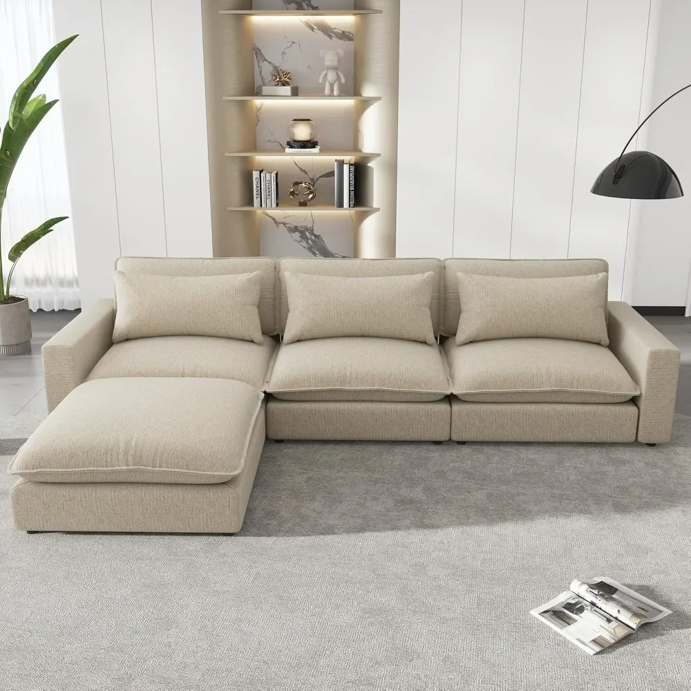 

128" Sectional Sofa With Movable And Soft Back Pillows,L Shaped Convertible Chenille Upholstered SofaBed For Living Room, Beige