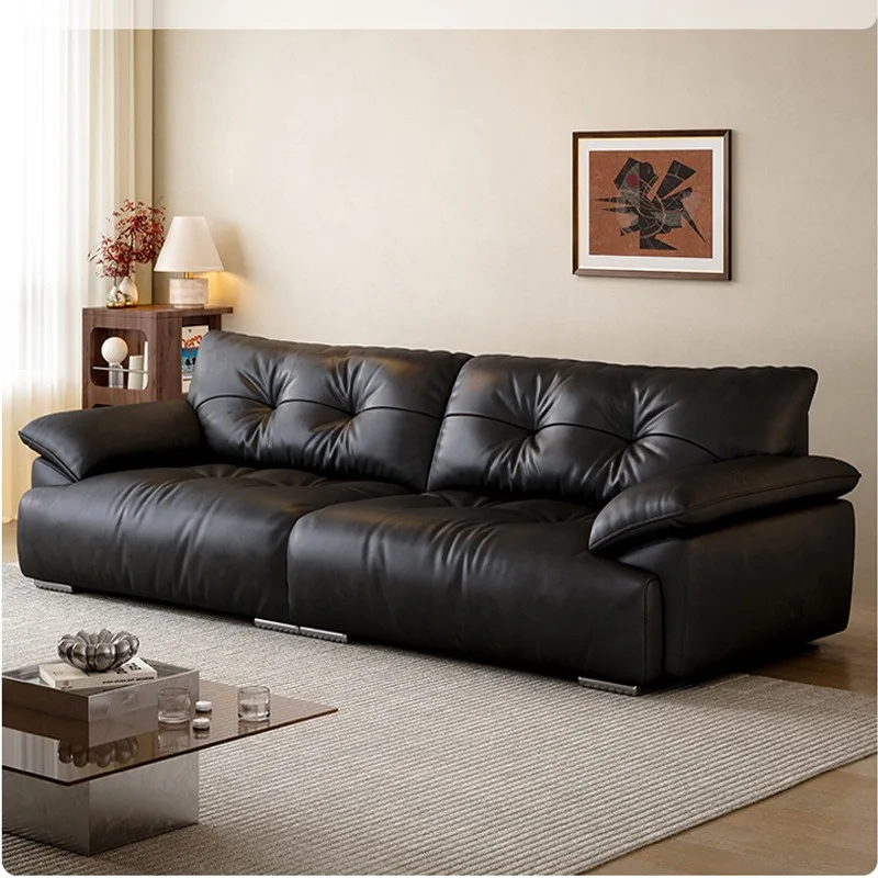 Leather sofa, elephant ears minimalist French retro small apartment living room straight row sofa three people