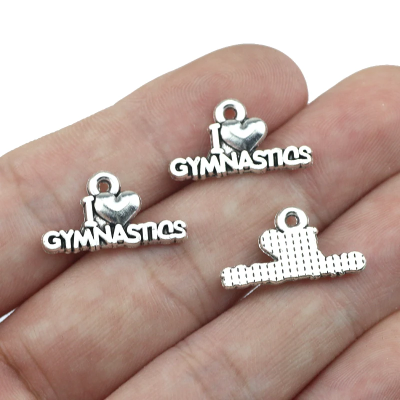 20 Pieces 11*20mm Antique Silver Plated I Love Gymnastics Charms Sports Metal Charm Wholesale