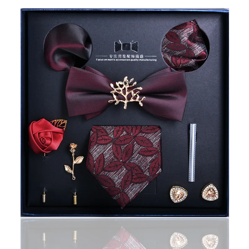 Men's tie business formal professional work clothes 7cm large jacquard with drill 8-piece gift box with new stock bow tie