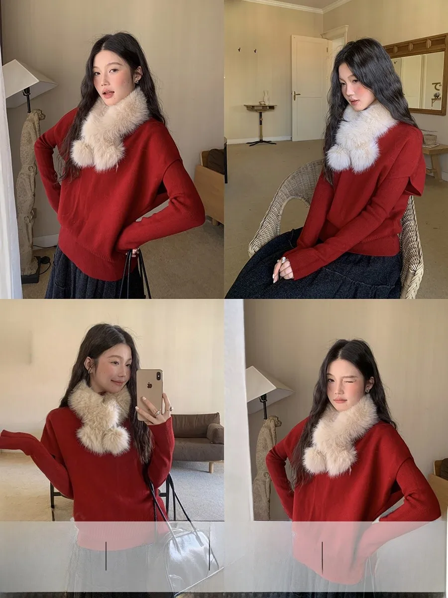 

Linyunyun Red Knitted Sweater Set with Fur Collar Casual Loose Fit Soft Knit Fashionable Top for Women Two-Piece Ensemble