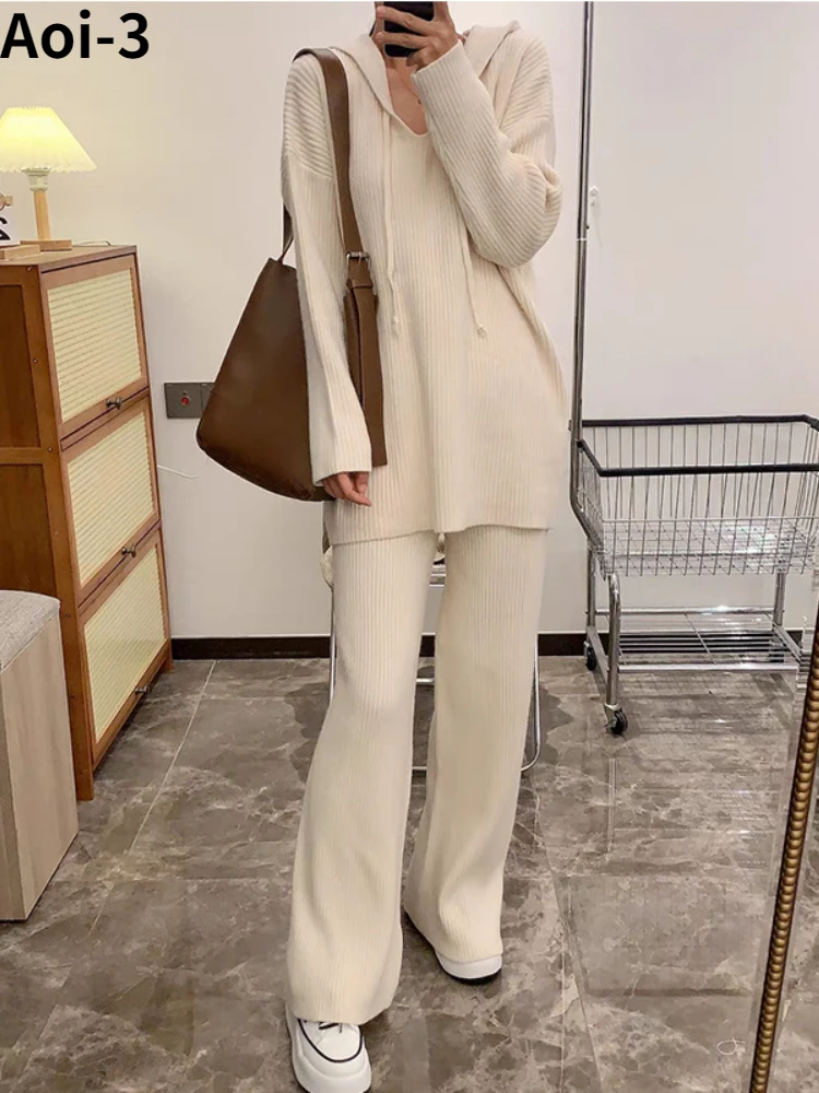 Fashion Casual Knitted Suit Women 2023 Autumn Winter High Quality Loose Hooded Sweater Top+Wide Leg Pants Commuter Two-Piece Set