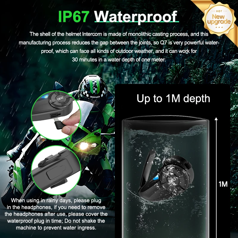 1/2 pçs ejeas q7 tipo-c interfone capacete da motocicleta fone de ouvido bt5.1 até 7 pilotos falando rapidamente par ip67 à prova dip67 água