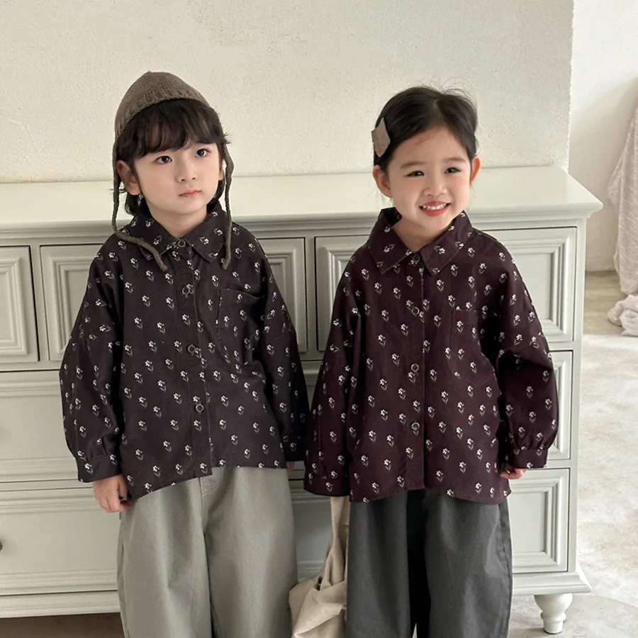 

2025 Fall Kids Floral Print Long Sleeve Shirt Unisex Vintage Button-Up Blouse for Boys & Girls 1-8 Years Children Coat