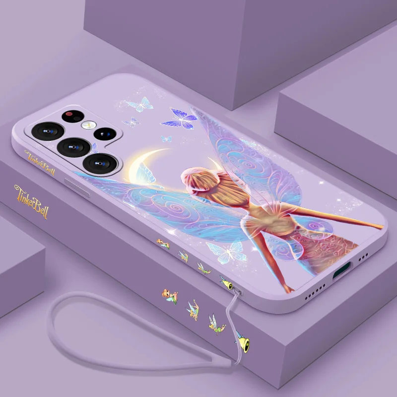 لطيف ديزني تينكر بيل جراب هاتف لسامسونج S10 S20 S21 S22 S23 S24 زائد لايت الترا FE السائل اليسار حبل لينة سيليكون Funda