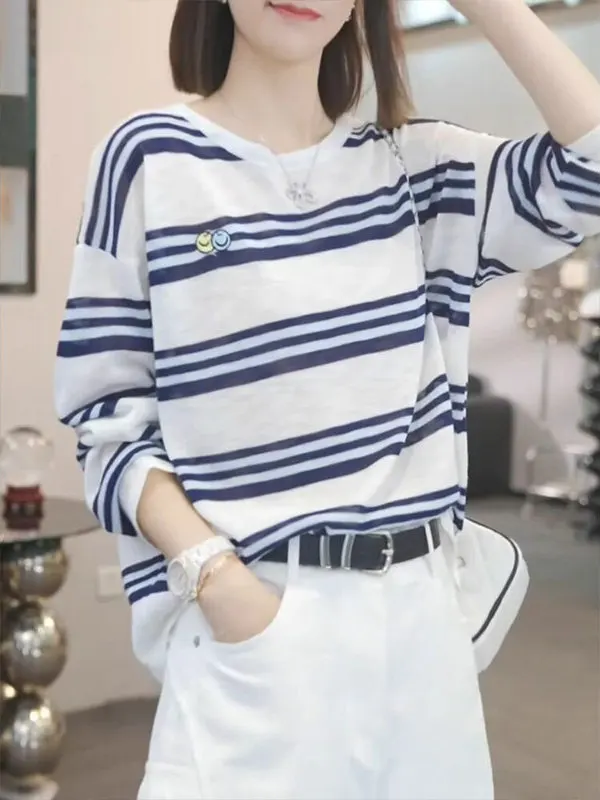 Loose Long Sleeve UV Protection T-Shirt Women's Spring Summer Air Conditioning Cover up Cheeky Smile Color Block Design