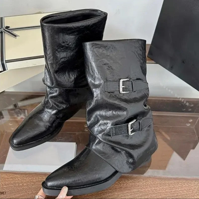 

Vintage Mid-calf Boots Belt Buckle Pointed Toe Flat With Turned-Over Edge Solid Color Fashion Elegant Sexy Shoes