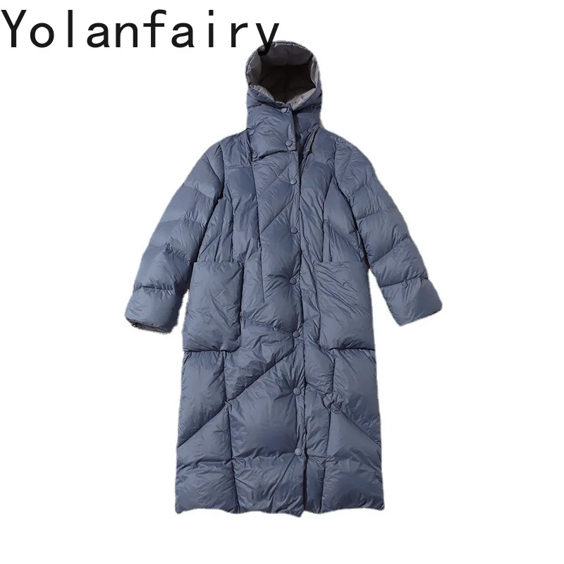 Yolanfairy 2025 nova moda para baixo jaqueta mulher jaquetas de inverno com capuz solto parkas quente casulo em forma de casaco puffer casacos de comprimento médio