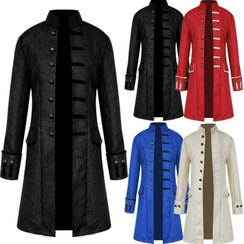 Vintage Gothic Black Steampunk Long Trench Coat Men Stand Collar Long Sleeve Dance Stage Performance Halloween Cosplay Jacket