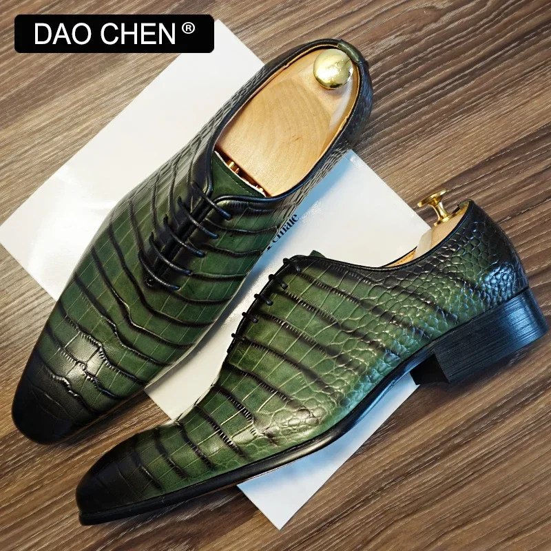 LUXURY MEN OXFORD SHOES GREEN BLACK CROCODILE PRINT SHOES LACE UP CASUAL MEN DRESS SHOE OFFICE WEDDING LEATHER MEN SHOES