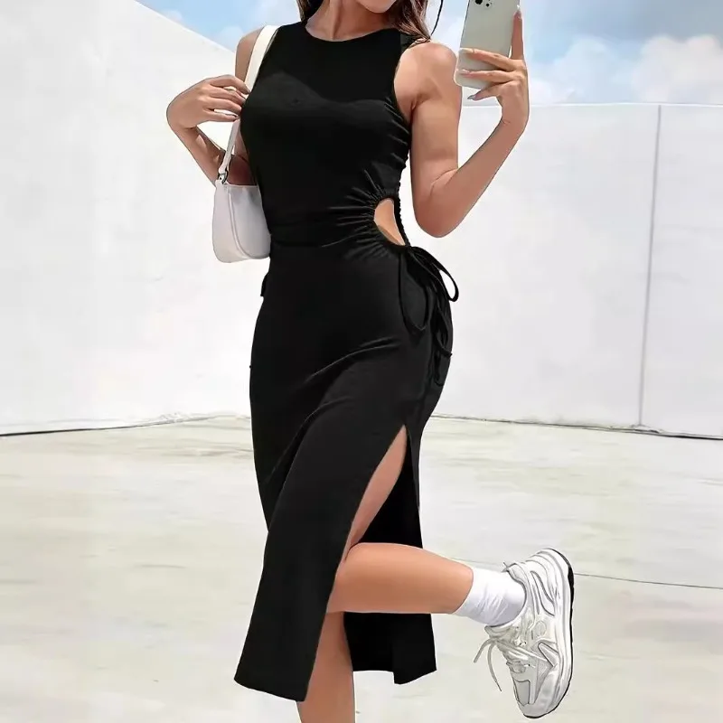 

Hollow Out Waist Slim Midi Dress Sexy Side SlitBag Hip Dress Summer Round Neck Sleeveless Vest Dress Solid Bohemia Vestidos 원피스