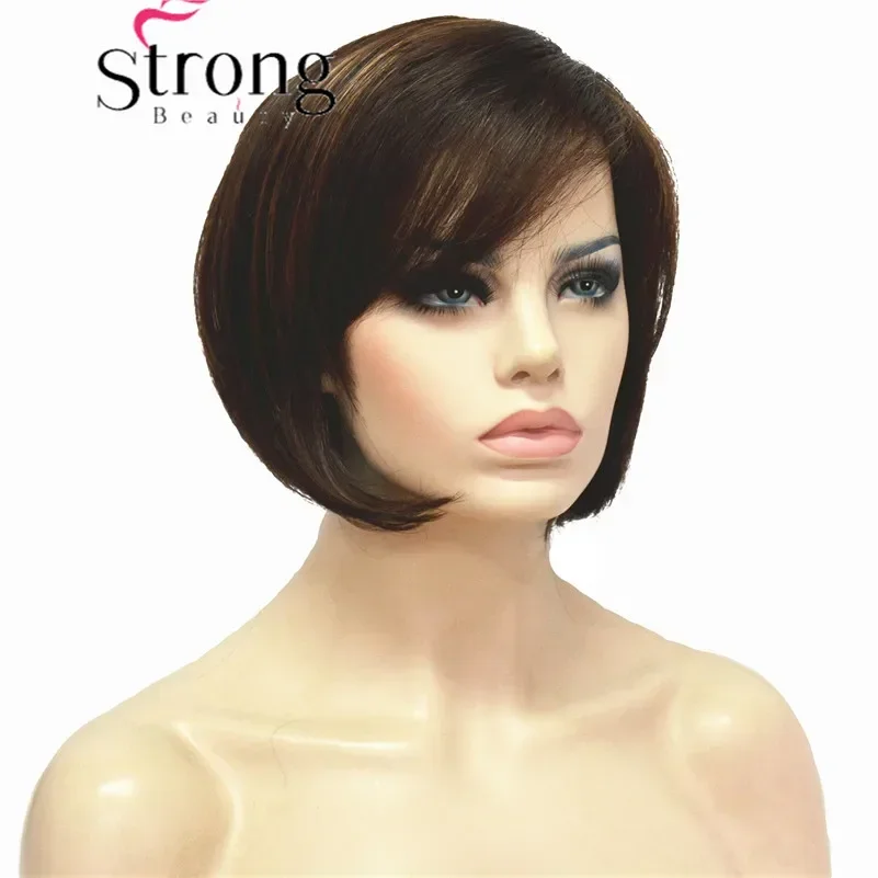 StrongBeauty Short Straight Dark Brown Highlighted Bob, Side Swept Bangs Synthetic Wig COLOUR CHOICES