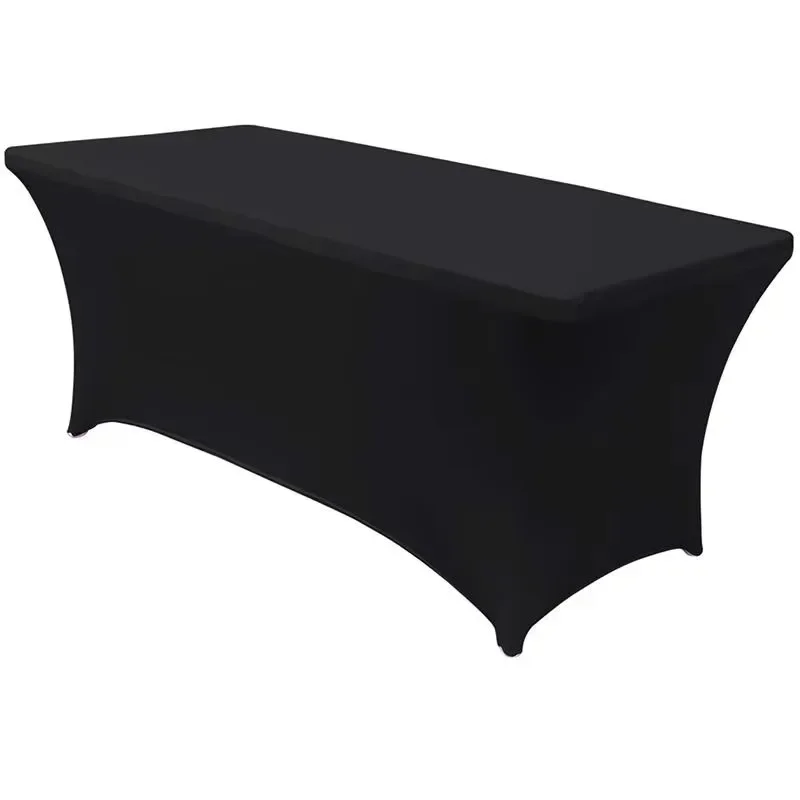 Custom-printed durable elastane advertising desk covers in vibrant blue and red for trade shows