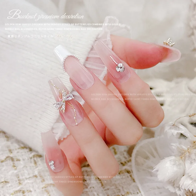 1Pcs Color Retention Plated Zircon Bow Nail Charms Fade Resistant Streamer Knot Metal Ornaments For DIY Handmade Manicure Decor