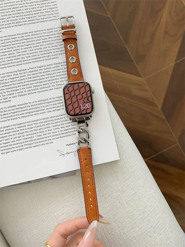 Luxury Design Metal Real Leather Band For iWatch Series 8 7 6 5 4 3 SE Women Slim Strap For Apple Watch 41mm 40mm 45mm 44mm 49mm