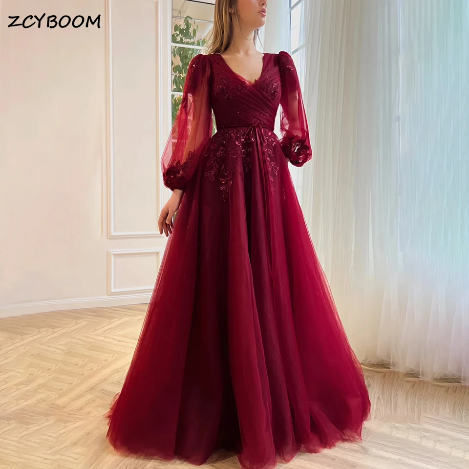 Gaun Malam Formal Applique Renda Lengan Bengkak Burgundy Kustom 2025 Gaun Prom Pesta Panjang Panjang Selantai Tulle untuk Wanita