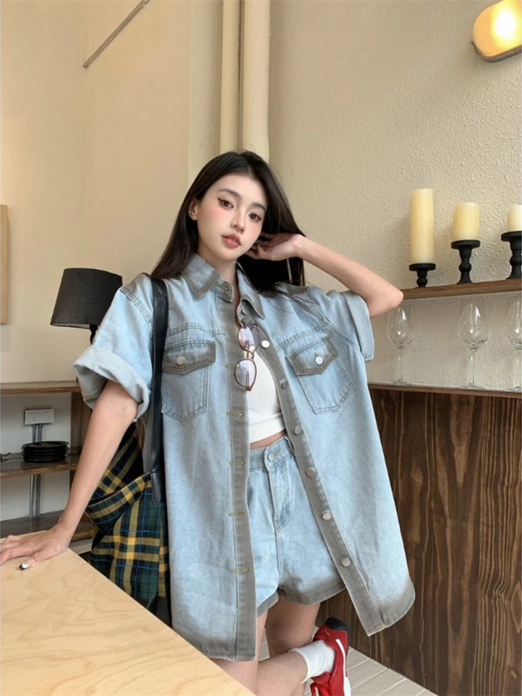 

Повседневный костюм в гонконгском стиле, женская летняя новая рубашка с короткими рукавами, широкие шорты с высокой талией, джинсовый комплект из двух предметов