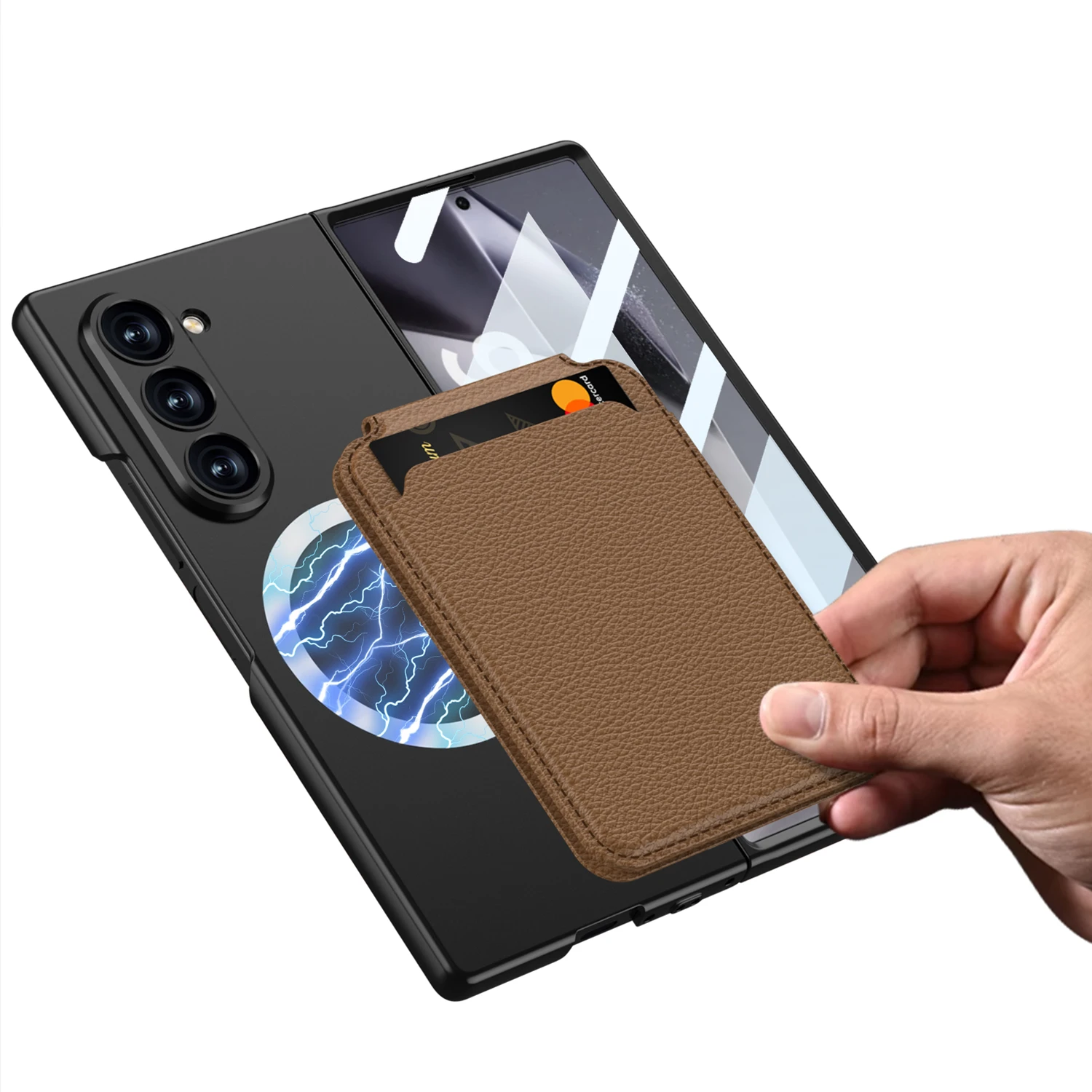 Magnetic Hard PC Slim Phone Cover For Samsung Galaxy Z Fold 6 Removable Leather Card Slot Bracket Case With HD Screen Protector