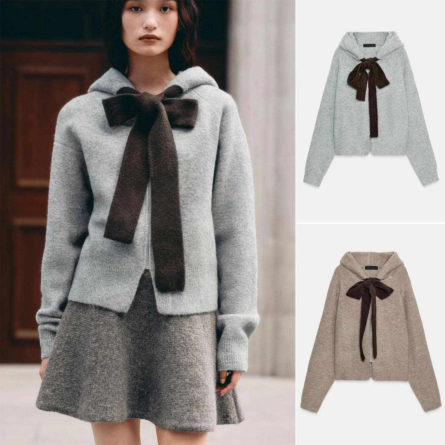 

Winter New Arrival Women's Simple Long Sve Hooded Color Blo Knitted Jaet Knot Decorated Sweet Sle Loose Fit