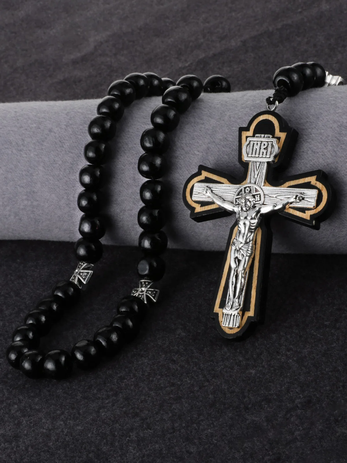 Orthodoxer Holzperlen-Rosenkranz mit INRI-Kruzifix, Jesus Christus Medaillen-Halskette, handgefertigte Gebetsperlen, Auto-Hängedekoration – Detail 8