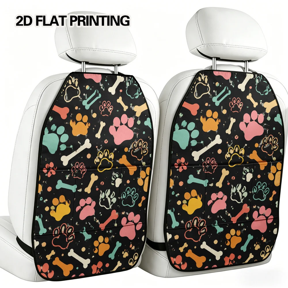 2D Flat, 2pcs Car Seat Kick Mats With Organizer, Car Back Seat Organizer, Premium Colorful Paws And Bones Print Ornamentation, A