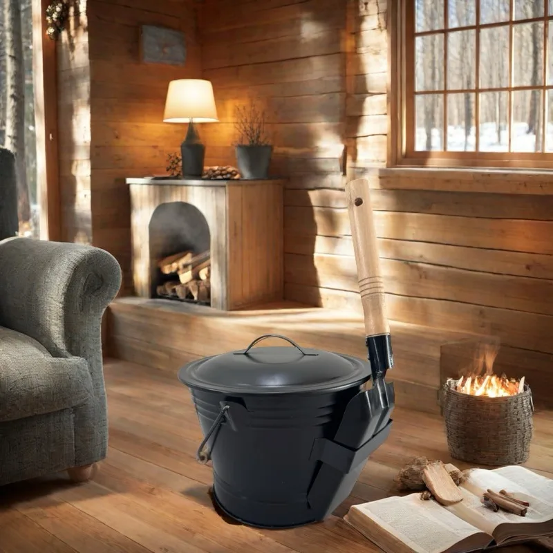 Cuchara para chimenea para el hogar, cubo para cenizas, cubo redondo con cenizas, cubo de hierro y madera y pala, juego de dos piezas para chimeneas, estufas