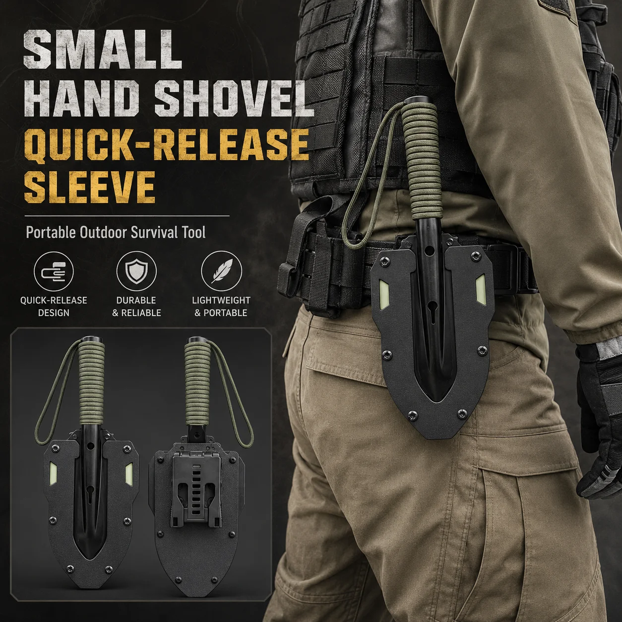 Mini Tactical Hand Shovel with Quick Release Sleeve Portable Camping Survival Tool Outdoor Hiking EDC Gear
