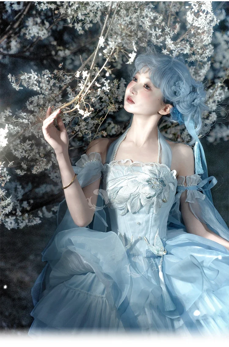 バレエスタイルドレス甘いプリンセスドレス女性中国風の花刺繍ネックチューブトップ魚の骨スリムメッシュドレス