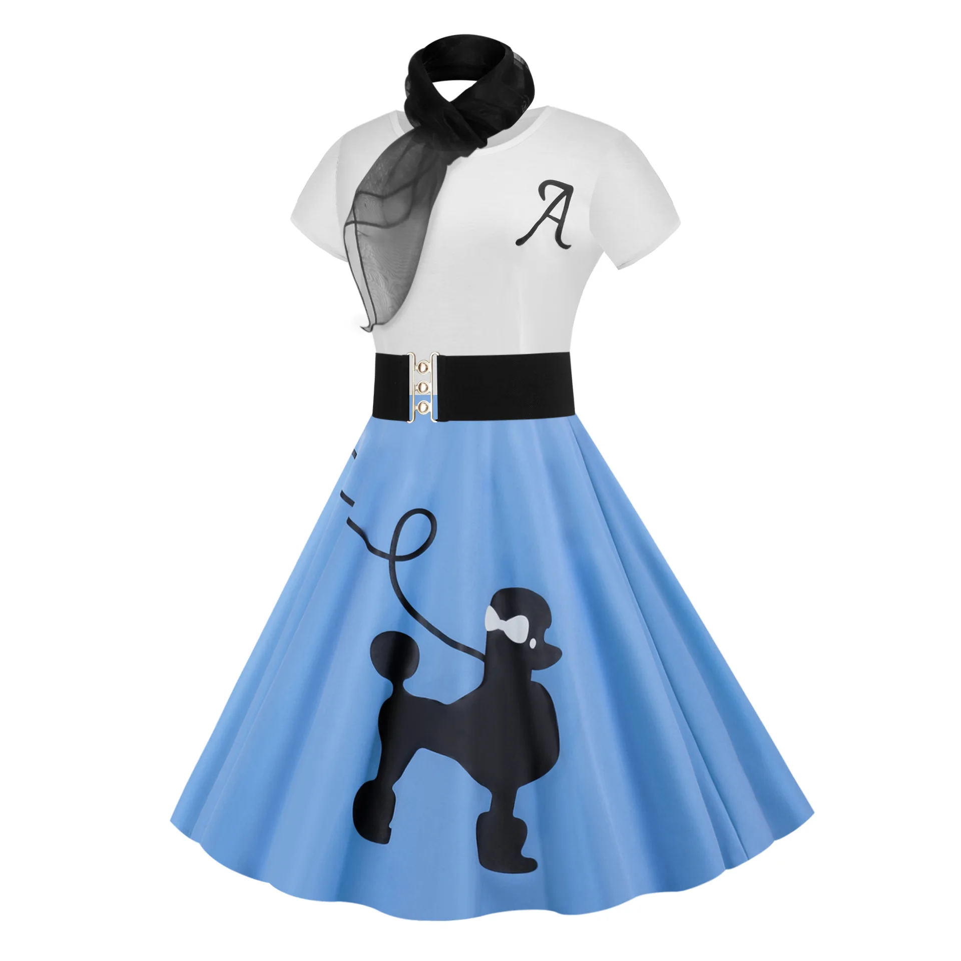 50S 60s vintage poodle dresses with scarf women pinup vestidos summer puppy retro rockabilly dresses