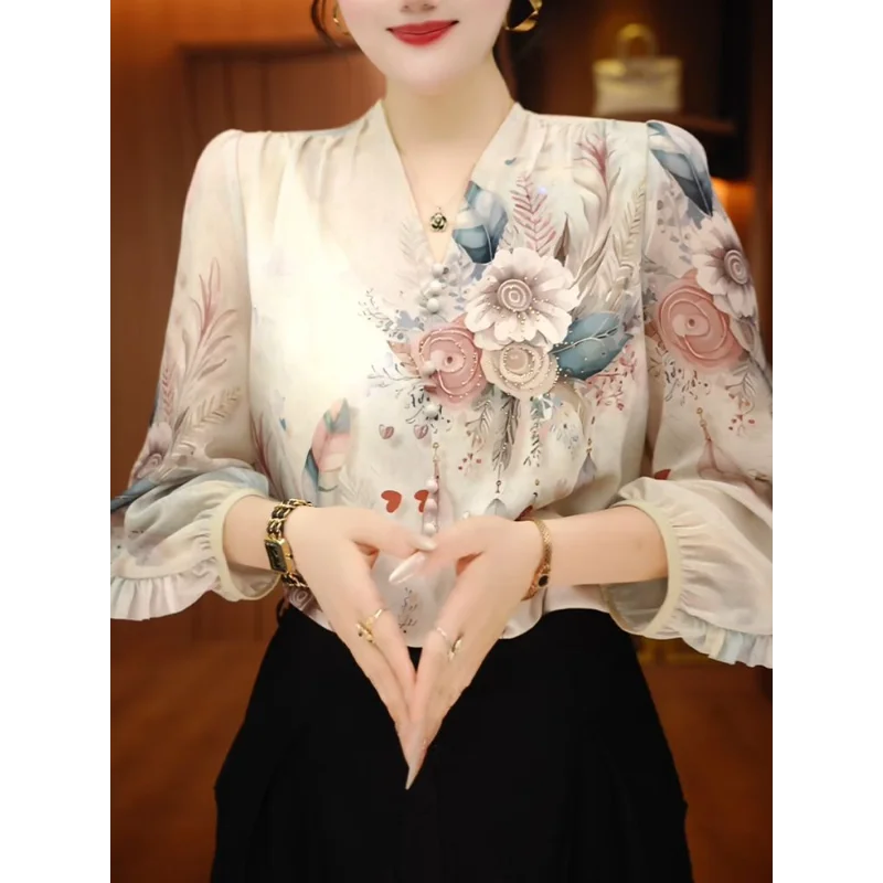 2025 Summer Elegant Temperament Style and Three-quarter Sleeve Shirt for Women's Design Kluli Top