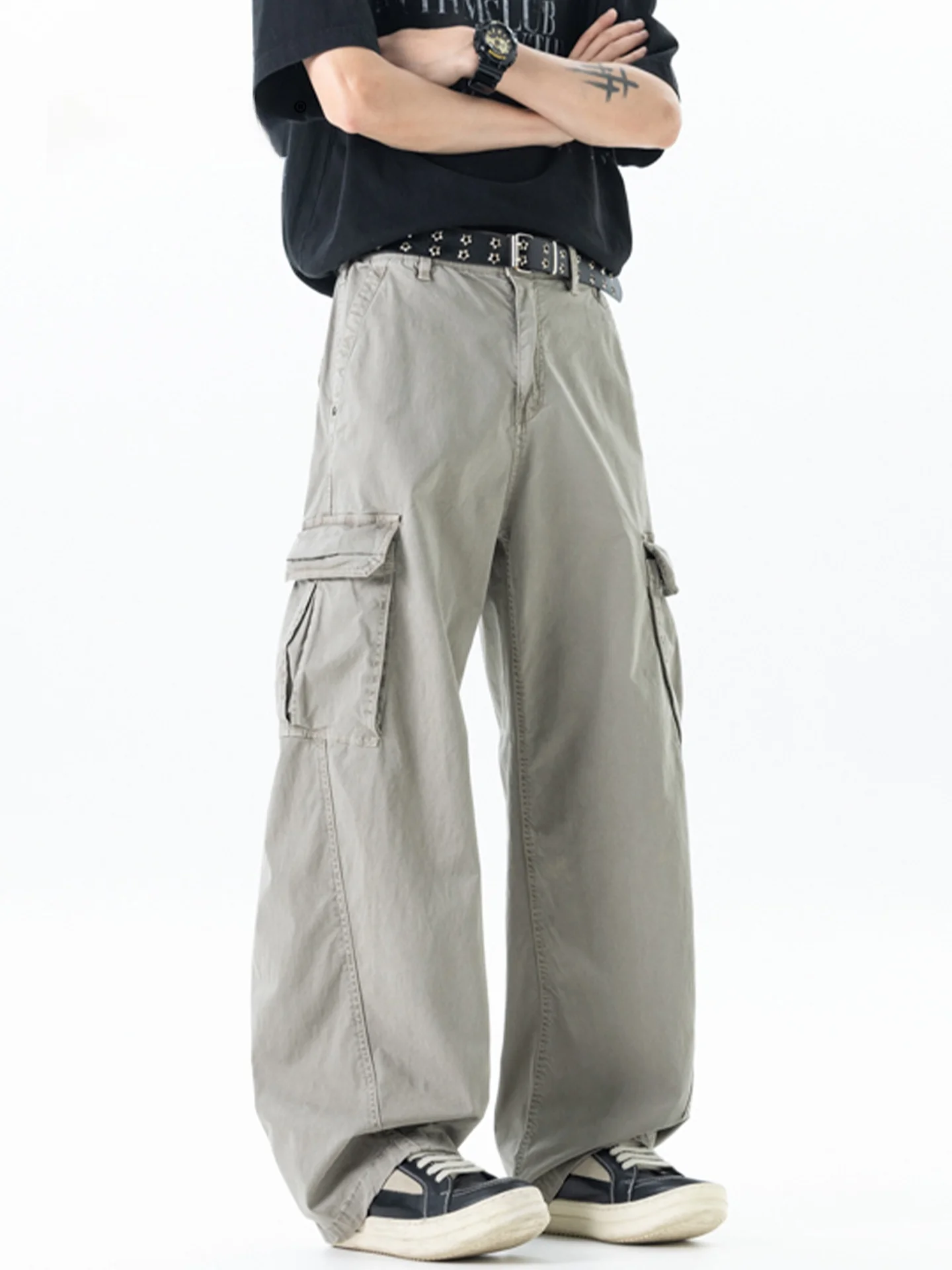 MMOPTOP American Style Men's Casual Pants Summer Loose Straight Leg Workwear Trousers Wide Leg Pants Spring Season Cotton