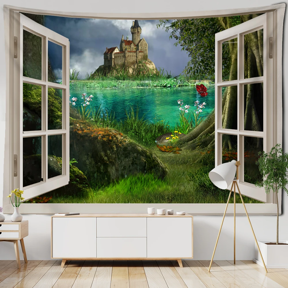 

3D Window Scenery Tapestry Wall Hanging Hippie Tapiz Art Boho Natural Simple Bedroom Dorm Home Decor