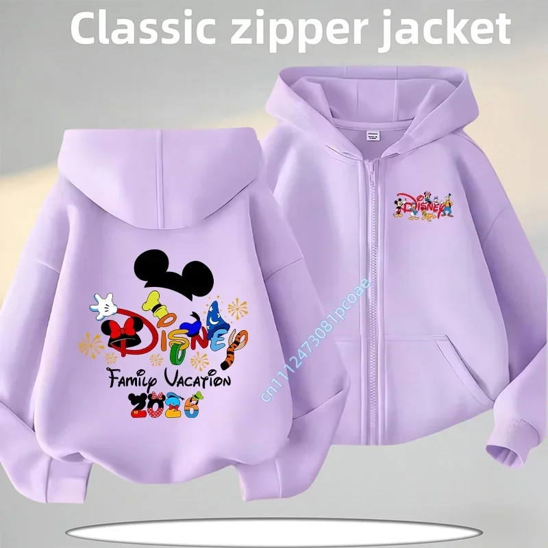 Disney Kawaii 2026 Fashion Disneyland Trip Vacation Clothes Caricature Zip Hoodie Children Top Cartoons Girl Clothes Boy Kids view 3