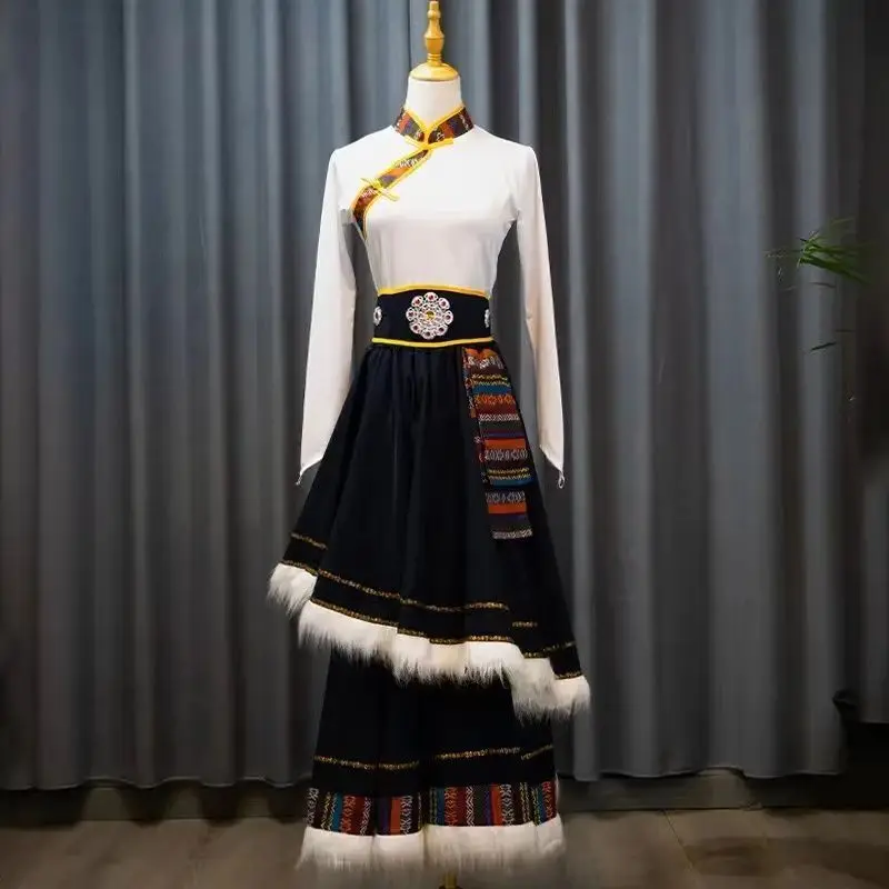 New Tibetan Dance Performance Costume Mongolian Dance Double Layered Large Skirt Chinese Style Ethnic Dance Practice Skirt