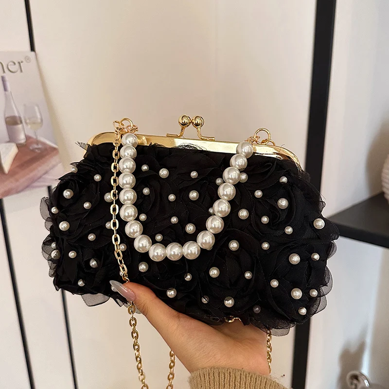 

Women Fashion Pearl Chain Shoulder Bag, Floral 3D Embroidery Evening Clutch Wedding Party Purse, Bride Elegant Crossbody Handbag
