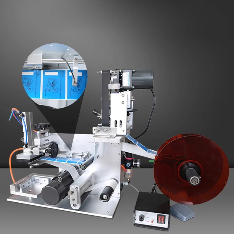 Desktop flat semi-automatic self-adhesive label applicator for round bottles and square bottles, label printer